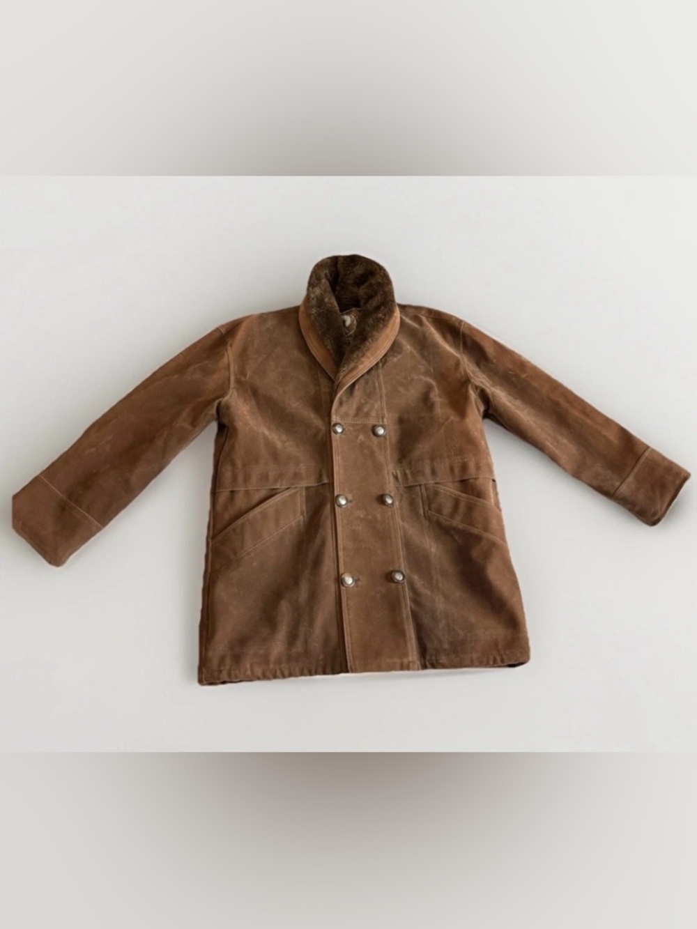 T. Shearling Men’s XL Brown Overcoat Button Shawl Collar Lined Pockets Mid